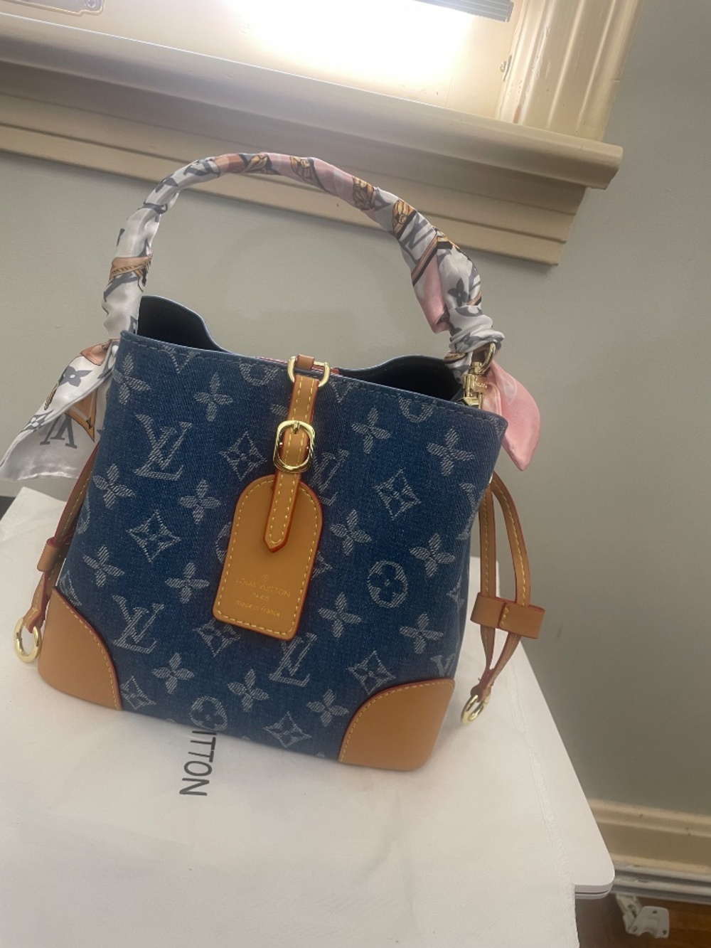 Monogram Denim Bucket Handbag Ribbon Handle - Picture 2 of 5